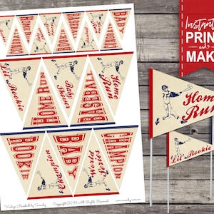 Vintage Baseball Pennant Flags, Baby Shower, Party Decor, Decorations, Food Cupcake Toppers, Printable, Print Yourself, Instant Download,