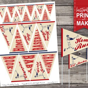 May include: Printable baseball themed pennant banner with phrases like "Home Run", "World Series", "Lil Rookie", and "Baby Shower". The pennants are beige with red and blue accents. The banner is perfect for a baseball themed party.