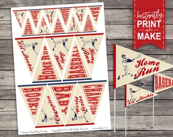 May include: Printable baseball themed pennant banner with phrases like "Home Run", "World Series", "Lil Rookie", and "Baby Shower". The pennants are beige with red and blue accents. The banner is perfect for a baseball themed party.