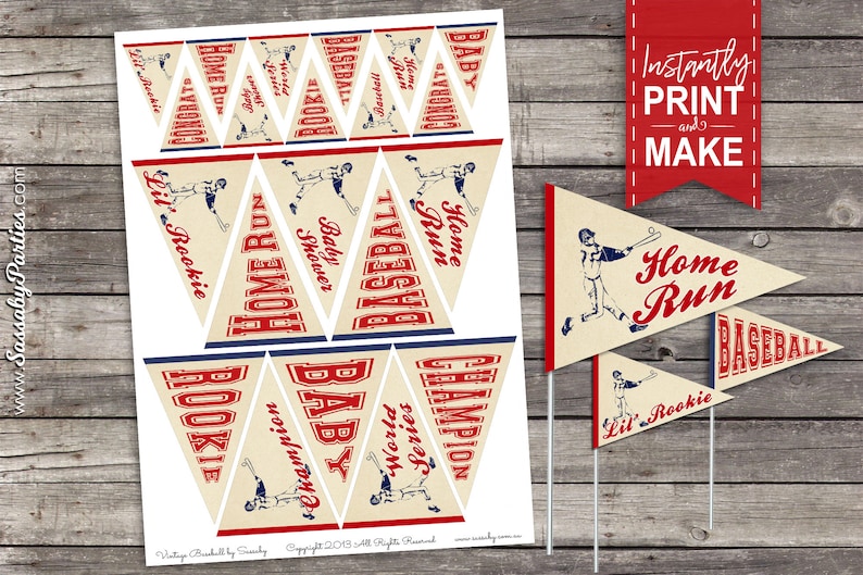 Vintage Baseball Pennant Flags, Baby Shower, Party Decor, Decorations, Food Cupcake Toppers, Printable, Print Yourself, Instant Download,