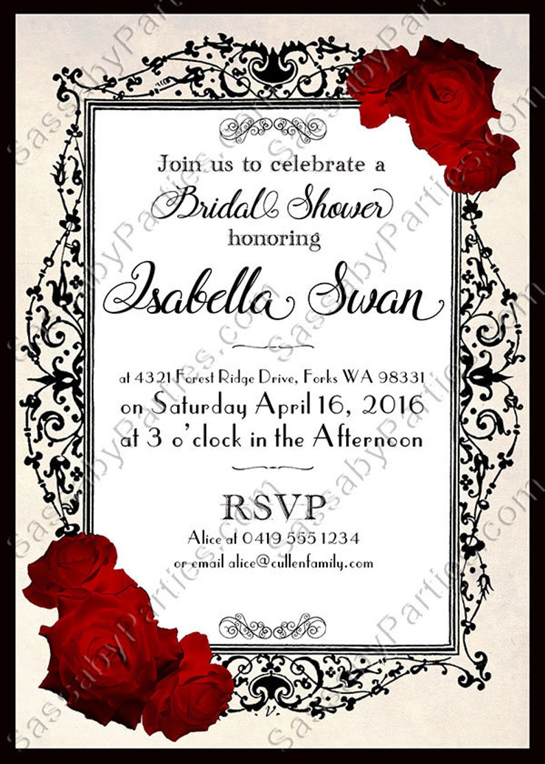 Twilight Lace Roses Invitation, Bridal Shower Invite, Vampire, Instant Download, Print Yourself, Printable at Home, Edit Text, Editable