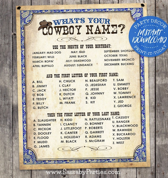 Wild West Cowboy Name Poster BLUE - INSTANT DOWNLOAD - 'What's your Cowboy Name?' Printable Party Sign, Boys Birthday, Party Decor Il_570xn