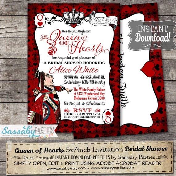 queen of hearts invitation instant download partially editable