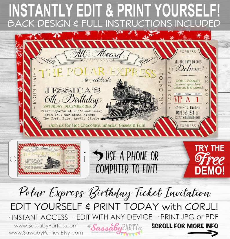 Polar Express Invitation, Ticket Invite, Red, All Aboard, Printable, Print yourself, Birthday Decorations, Christmas, Xmas, Instant Download, Digital File