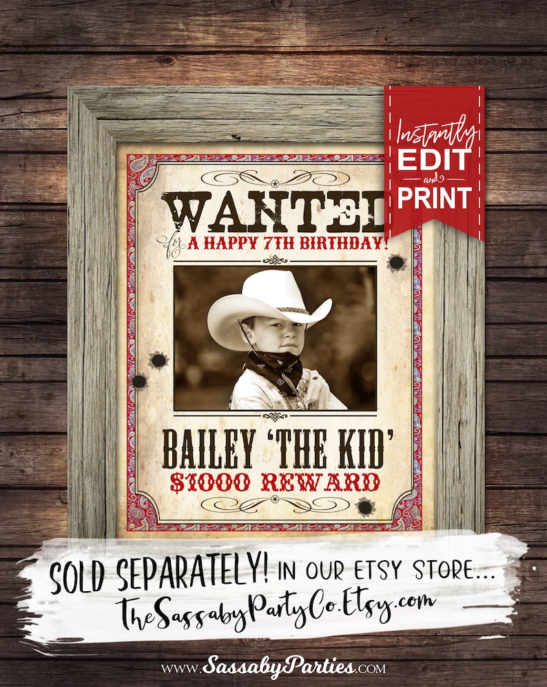Cowboy WANTED Photo Poster INSTANT DOWNLOAD Partially Editable & Printable Birthday, Western Decorations, Decor, Poster, Reward, Picture image 4