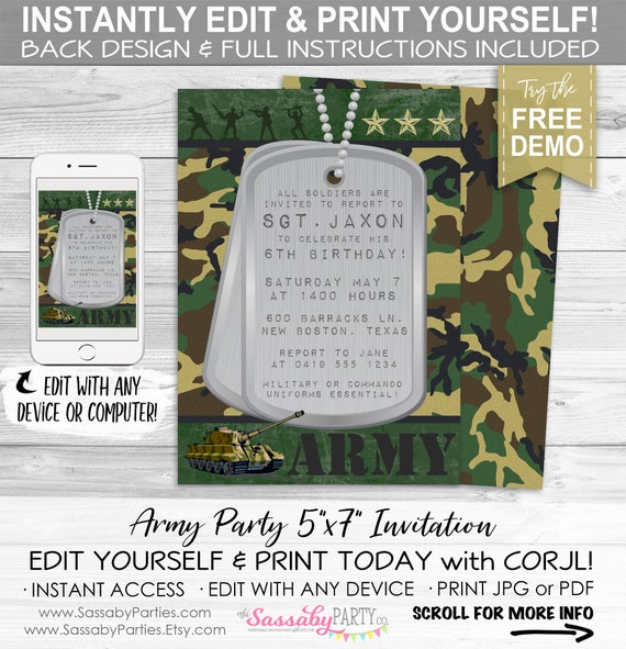 Army Party Invitation - Instant Download - Editable And Printable Boys Birthday Invite, Military ...