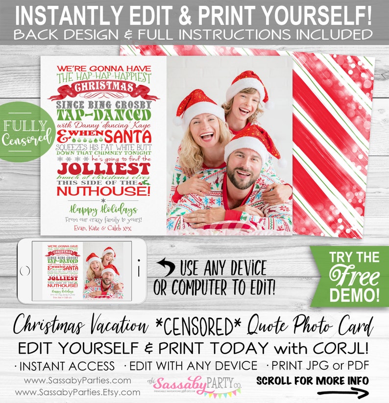 Christmas Vacation Funny Card, Clark Griswold Quote, Censored, Upload Photo, Picture, Instant Download, Print Yourself, Printable, Xmas, Greeting Message, Edit Text, Editable