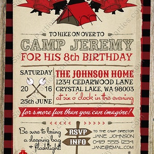 Camping Party Invitation, Red, Lumberjack, Any Age, Tent, Scouts, Summer Camp, Smores, Arrows, Campfire, Compass, Woods, Instant Download, Printable Birthday, Print Yourself