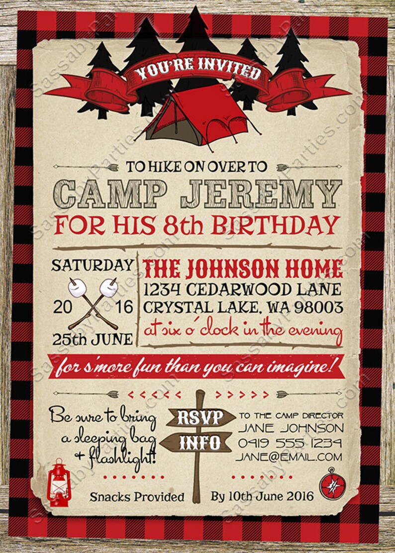 Camping Party Invitation, Red, Lumberjack, Any Age, Tent, Scouts, Summer Camp, Smores, Arrows, Campfire, Compass, Woods, Instant Download, Printable Birthday, Print Yourself