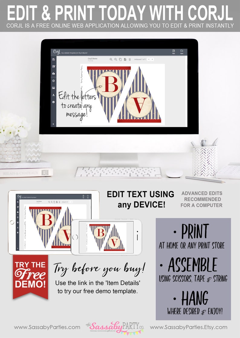 Baseball Banner, Bunting, Printable Birthday Party Decorations, Edit Print Yourself, Instant Download, Vintage Style, Create Your Message, Ballgame, Pennant Flags, Editable