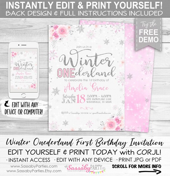 Winter Onederland Party Invitation - INSTANT DOWNLOAD - Editable & Printable, First Birthday, Invite, 1st Bday, Pink Snowflakes, Floral Il_570xn