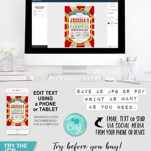 Carnival Birthday Invitation INSTANT DOWNLOAD Edit & Print Today, Circus, Sideshow, Party Invite, Vintage Carousel, Come one Come All image 3