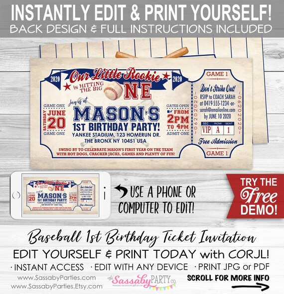 Vintage Baseball 1st BIRTHDAY Invitation - INSTANT DOWNLOAD - Editable & Printable, First Birthday, Ticket, Party Invite, Little Rookie, One Il_570xn