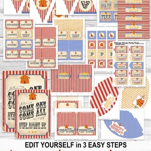 Circus Party Pack, Bunting, Banner, Party Labels, Food, Water, Cupcake Toppers, Drink, Thank You Cards, Favor Tags, Welcome Sign, Red, Birthday, Instant Download, Edit Text, Editable, Printable, Carnival, Big Top, Come One Come All, Print Yourself