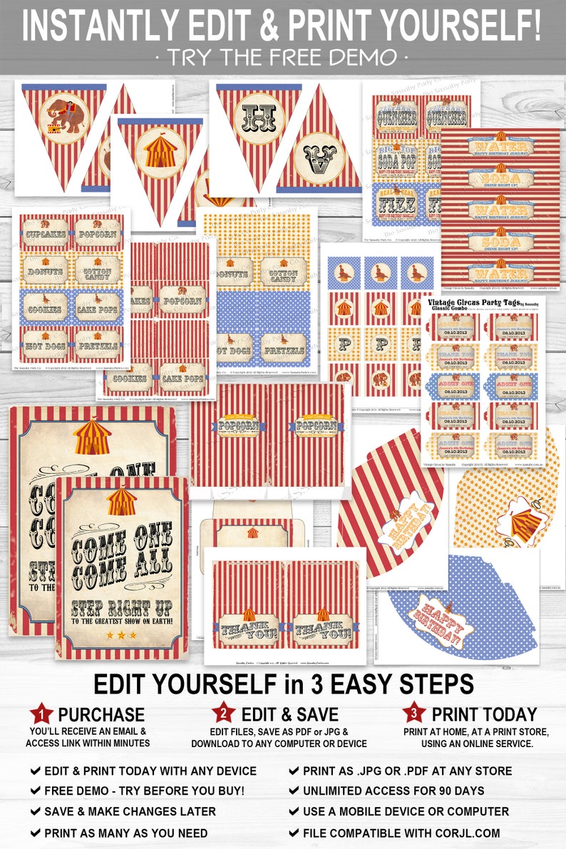 Circus Party Pack, Bunting, Banner, Party Labels, Food, Water, Cupcake Toppers, Drink, Thank You Cards, Favor Tags, Welcome Sign, Red, Birthday, Instant Download, Edit Text, Editable, Printable, Carnival, Big Top, Come One Come All, Print Yourself