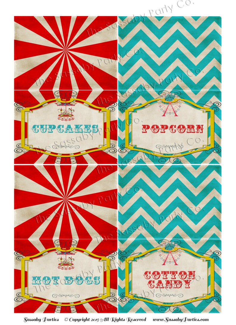 Carnival Circus Party Labels, Food, Candy, Tent Label, Birthday Party Decor, Carousel, Ferris Wheel, Decorations, Edit Yourself, Editable, Stripes, Instant Download, Printable, Print Yourself, Come One Come All