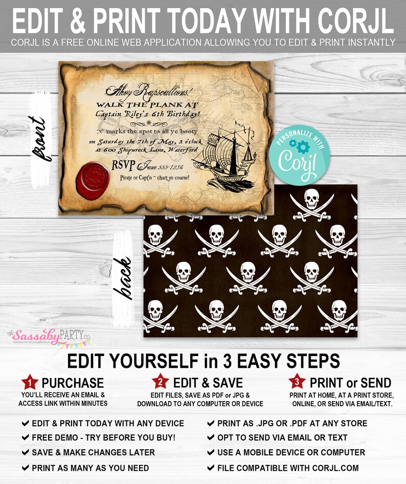 Pirate Party Invitation, Map, X Marks The Spot, Ship, Jolly Roger Edit Text, Editable, Invite, Birthday Party, Printable, Instant Download, Print At Home, Digital Files