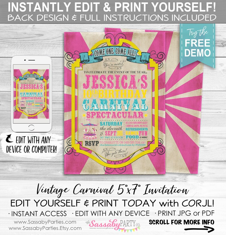 Carnival Invitation, Invite, Any Age, Birthday, Pink, Carousel, Ferris Wheel, Instant Download, Edit Text, Editable, Printable, Print Yourself, Use Any Device