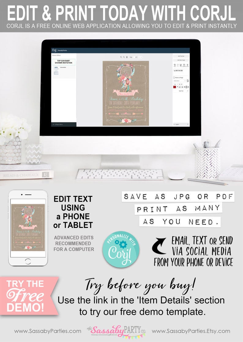 Boho, Dreamcatcher, Feathers, Pastel, Invitation, Invite, Girls, Floral, Pretty, Dreamy, Editable, Edit Text, Printable, Birthday Party, Print Yourself, Instant Download, Print At Home, Digital Files