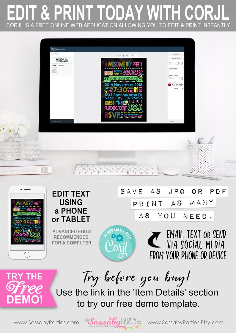 Awesome 80s Party Birthday Invitation, Edit Online with Corjl, Eighties Invite, Neon, 30th Bday, 40th, Fluoro, Fluorescent, Bright, Retro, Printable, Print Yourself, Instant Download, Editable, Edit Text