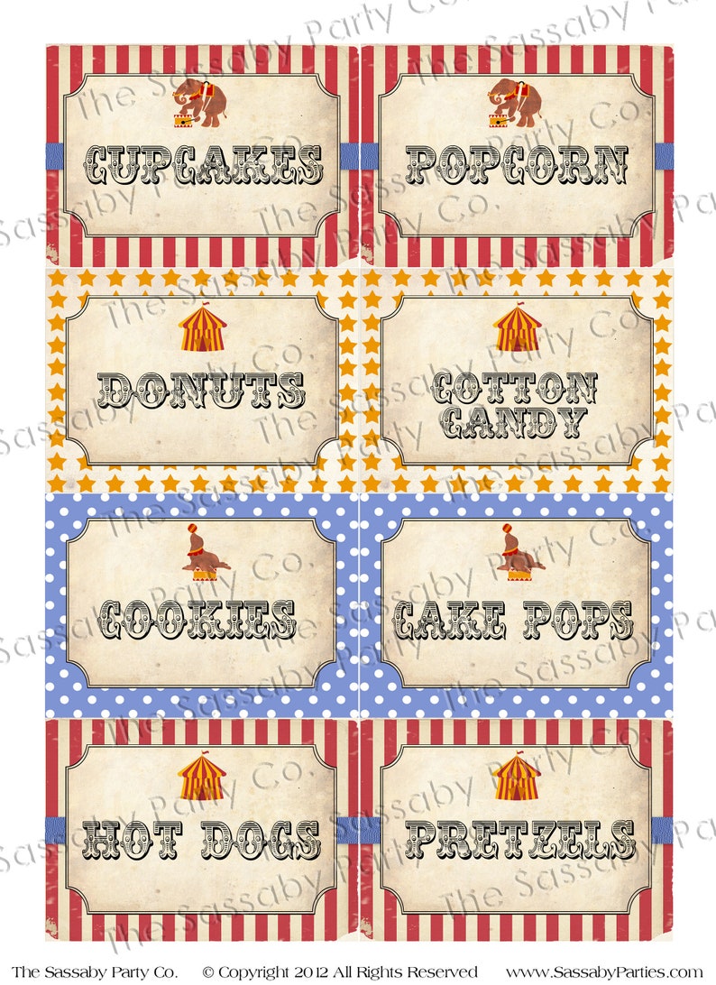 Carnival Circus Party Labels, Food, Candy, Tent Label, Birthday Party Decor, Big Top, Decorations, Edit Yourself, Editable, Stripes, Instant Download, Printable, Print Yourself, Come One Come All