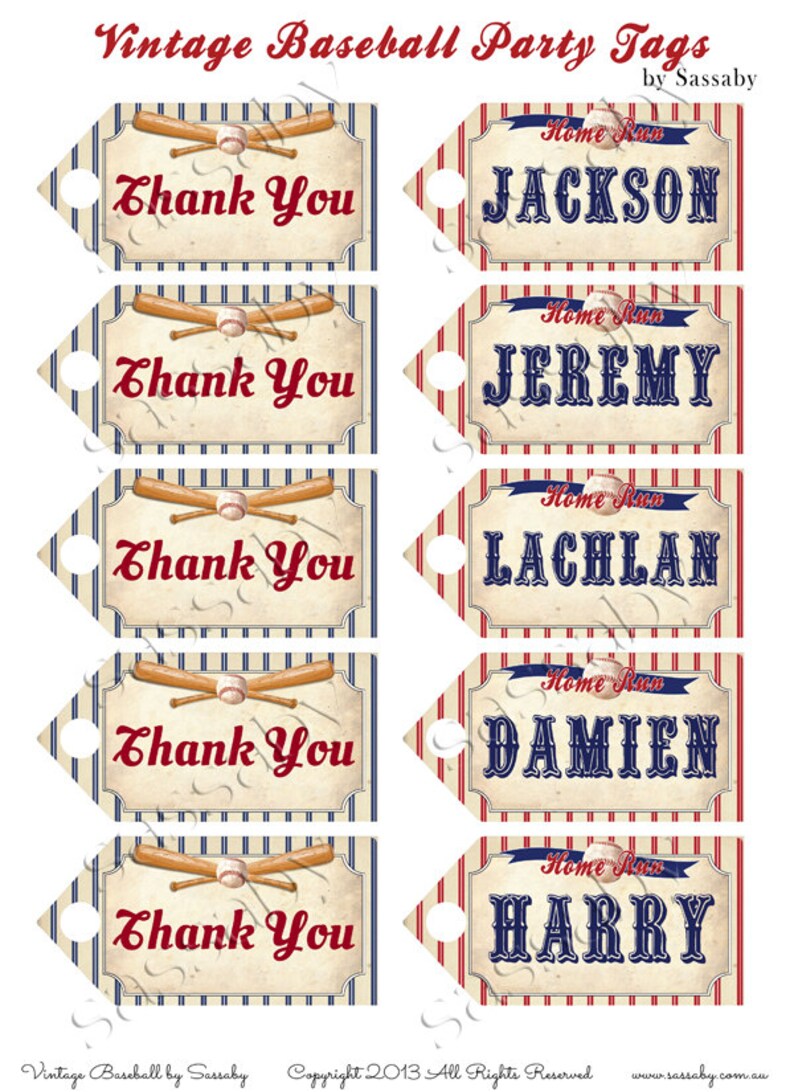 Baseball Party Tags, Favor Labels, Gift, Edit Names, Thankyou, Thank You, Editable, Play Ball, Home Run, Instant Download, Printable, Print Yourself