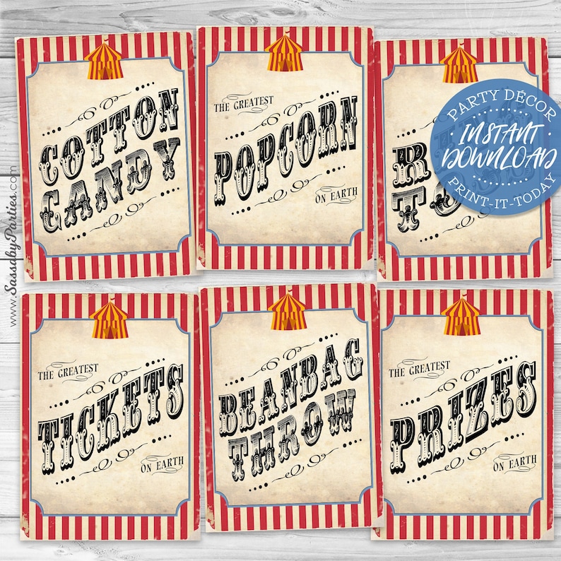 Circus Game Sideshow Alley Poster, Big Top Signs, Photo Booth, Circus, Ring Toss, Cotton Candy, Prizes, Tickets, Popcorn, Stripes, Instant Download, Printable, Print Yourself, 30 Included, The Greatest Show On Earth