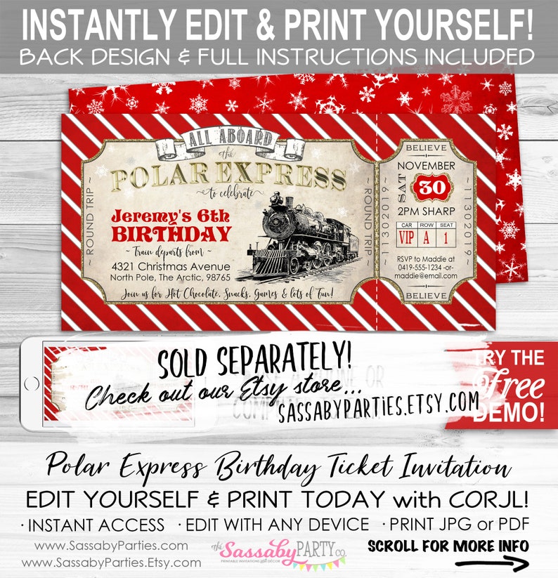 Polar Express Birthday Invitation INSTANT DOWNLOAD Partially Editable & Printable Invite, Train, Christmas, Believe, Holiday Party, Red image 6