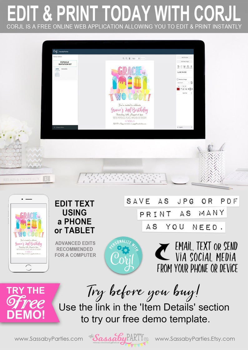 Popsicle Party Invitation, Two Cool, 2nd Birthday, Girls Invite, Summer, Ice Cream, Icy Pole, Instant Download, Printable Birthday, Pool, Swimming, Rainbow Colors, Print Yourself