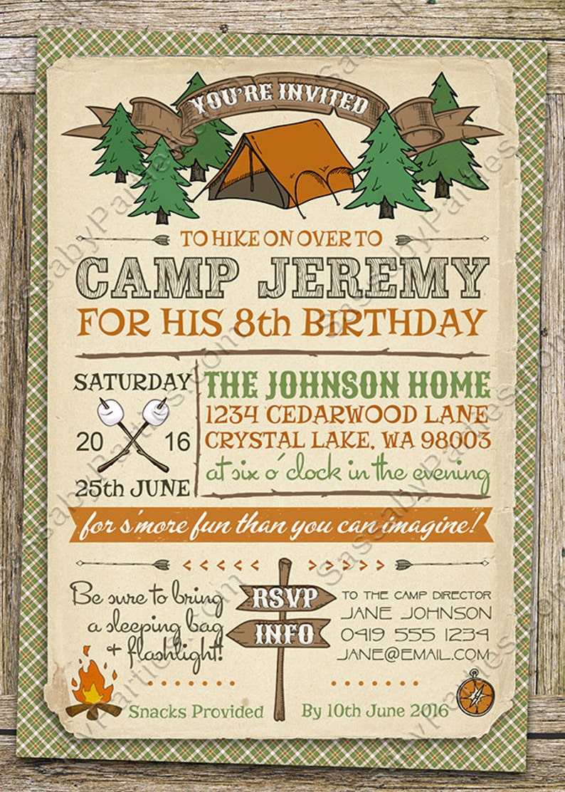 Camping Party Invitation, Any Age, Tent, Scouts, Summer Camp, S'mores, Arrows, Campfire, Compass, Woods, Instant Download, Printable Birthday, Print Yourself