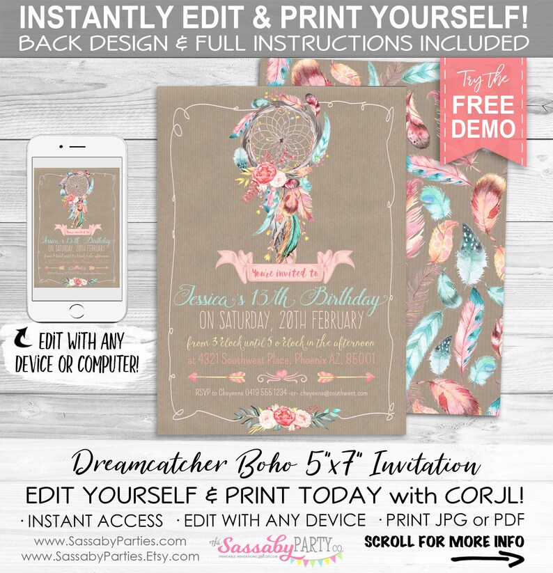 Boho, Dreamcatcher, Feathers, Pastel, Invitation, Invite, Girls, Floral, Pretty, Dreamy, Editable, Edit Text, Printable, Birthday Party, Print Yourself, Instant Download, Print At Home, Digital Files