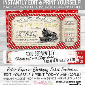 May include: A red and white striped ticket invitation for a Polar Express themed birthday party. The ticket features a vintage train illustration and the text "All Aboard The Polar Express to celebrate Jessica's 6th Birthday".