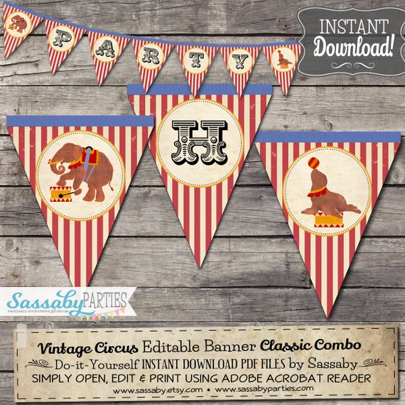 Vintage Circus Party Banner Instant Download Editable