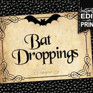 Etiquetas para festa de Halloween - DOWNLOAD INSTANTÂNEO - Decorações para festa vintage editáveis e imprimíveis, decoração, morcego, aranha, cartões para barraca de comida