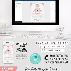 Boho, Glamping, Tent, Teepee, Invitation, Invite, Any Age, Girls, Birthday, Flowers, Floral, Feathers, Southwest, Pastel, Pretty, Dreamy, Pink, Editable, Edit Text, Printable, Birthday Party, Print Yourself, Instant Download, At Home, Digital Files