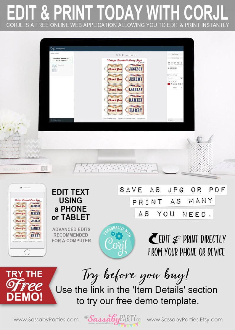 Baseball Party Tags, Favor Labels, Gift, Edit Names, Thankyou, Thank You, Editable, Play Ball, Home Run, Instant Download, Printable, Print Yourself