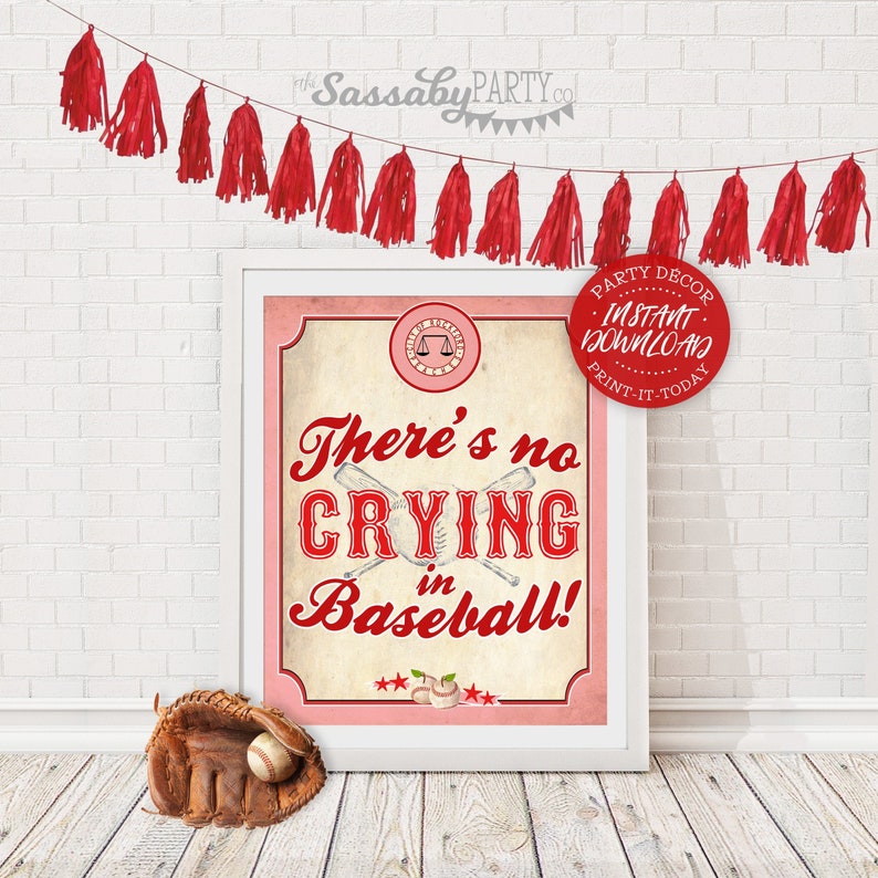 Girls Baseball, Rockford Peaches, League of Her Own, Pink, Poster, No Crying Sign, Printable, Instant Download, Birthday Party Decor, Decorations, Print it Yourself, at Home, Digital Files