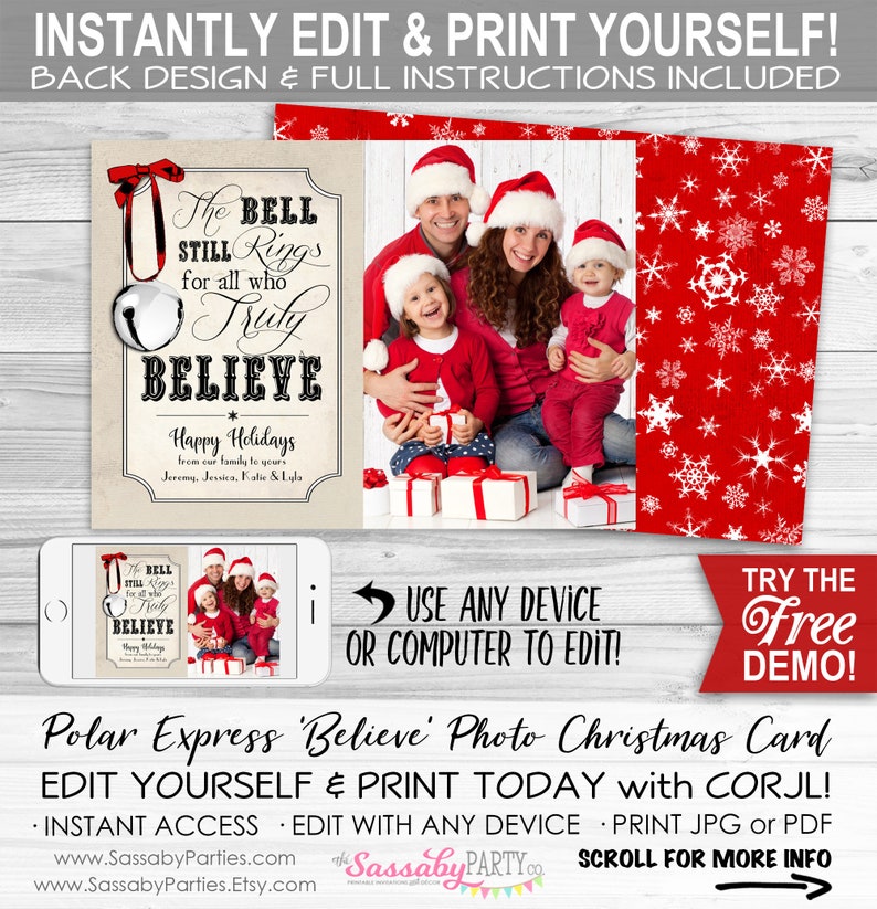 Polar Express Christmas Card - INSTANT DOWNLOAD - Edit & Print, Photo, Picture, Xmas Family Portrait, Printable, Believe, Bell Still Rings image 1