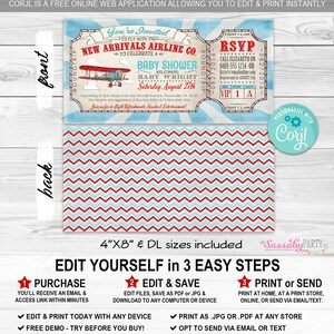 Airplane Baby Shower Invitation, Invite, Edit Text, Editable, Printable, Print Yourself, Instant Download, Plane, Aeroplane, Airline, Baby Sprinkle, Decor, Decorations