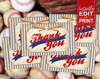 Vintage Baseball Thank You Cards - INSTANT DOWNLOAD - Printable, Thankyou, Card, Print Yourself, Birthday, Gift Card, Envelope Template