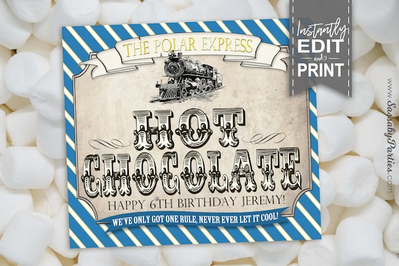 Polar Express Hot Chocolate Labels - INSTANT DOWNLOAD - Edit & Print, Birthday, Christmas Decorations, Decor, Drink, Cocoa, Party, Blue Il_570xn