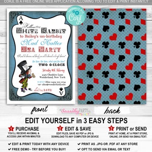 Mad Hatter Tea Party Invitation, Un-Birthday, Alice in Wonderland, Edit Text, Editable, Birthday, Queen of Hearts, White Rabbit, Tea Party, Printable, Print Yourself, Instant Download, Digital Files, Blue