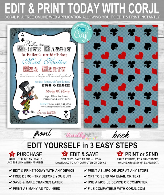 Mad Hatter Tea Party Invitation INSTANT DOWNLOAD Editable 
