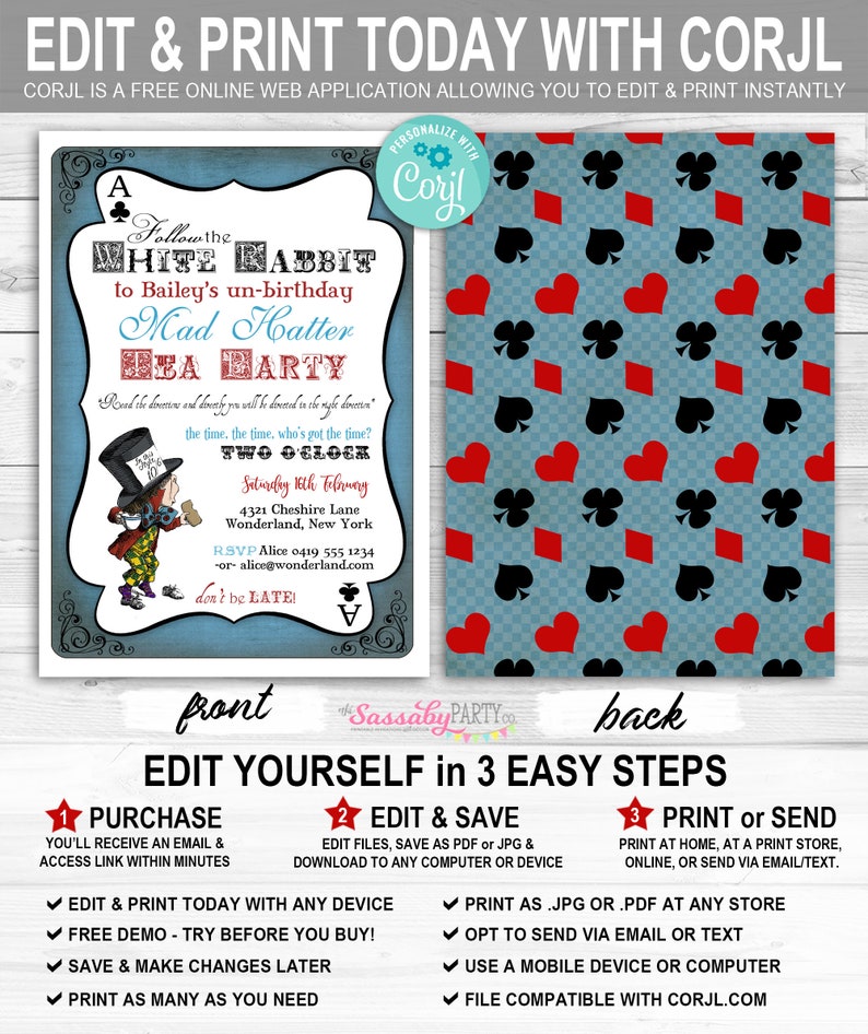 Mad Hatter Tea Party Invitation, Un-Birthday, Alice in Wonderland, Edit Text, Editable, Birthday, Queen of Hearts, White Rabbit, Tea Party, Printable, Print Yourself, Instant Download, Digital Files, Blue