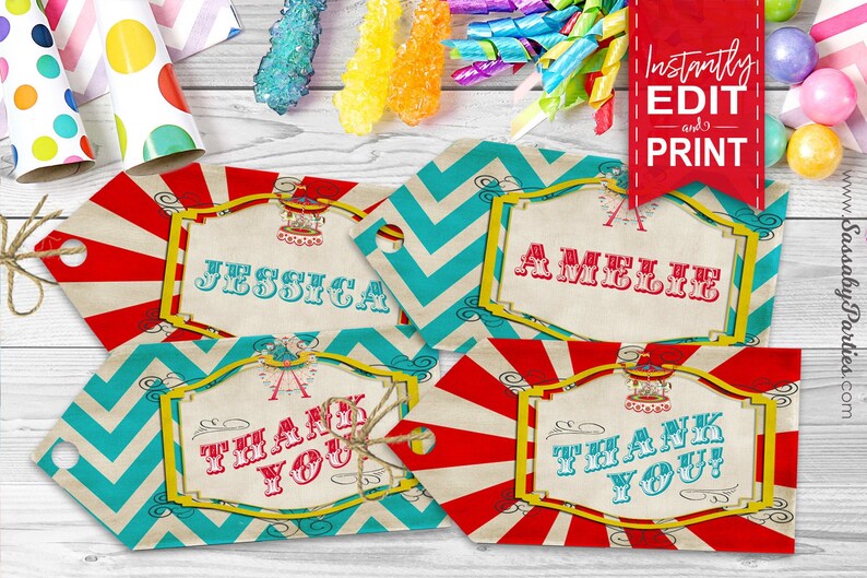 Carnival Circus Party Thank You Tags, Birthday Party Decor, Gift Bags, Favor Tag, Carousel, Ferris Wheel, Decorations, Red Aqua Blue, Instant Download, Printable, Print Yourself, Come One Come All