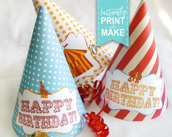 Party Hats Vintage Circus - INSTANT DOWNLOAD - Aqua Combo, Party Decorations, Printable Templates, Birthday Decor, Print Yourself, Big Top