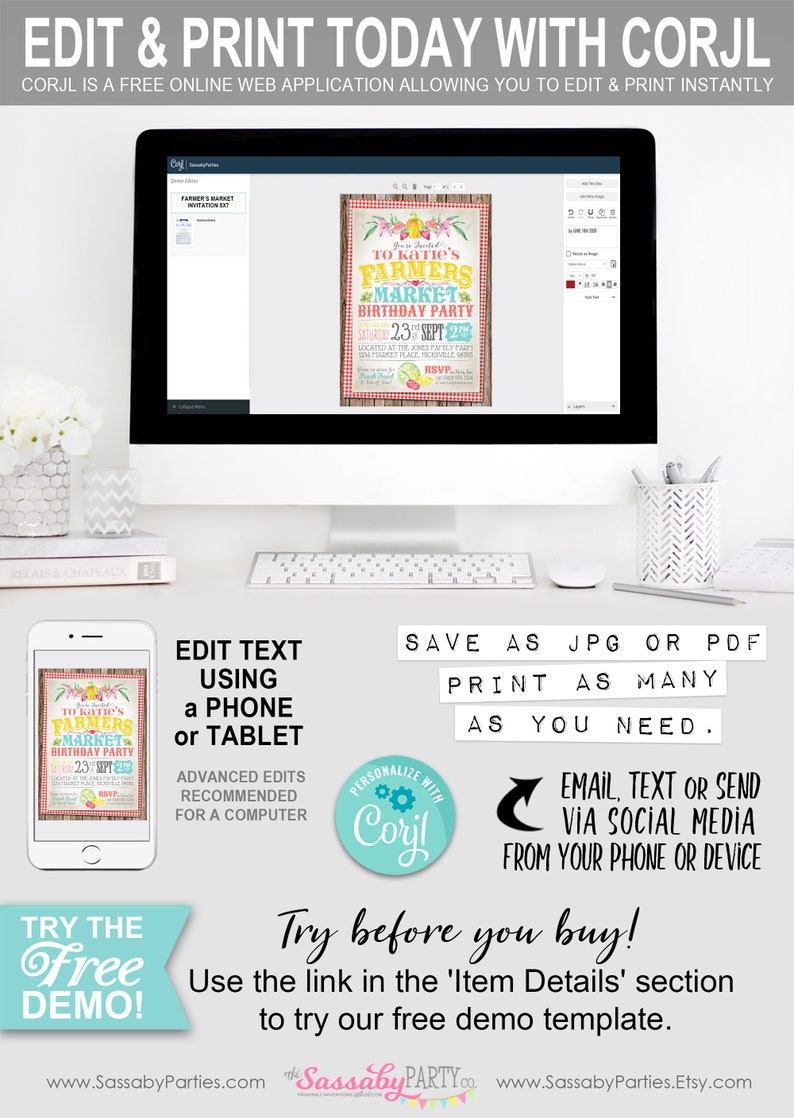 Farmers Market Party Invitation, Edit Yourself with Corjl, Invite, Instant Download, Edit Text, Editable, Print Yourself, Printable, Country Stall, Homemade, Farm Fresh, Birthday