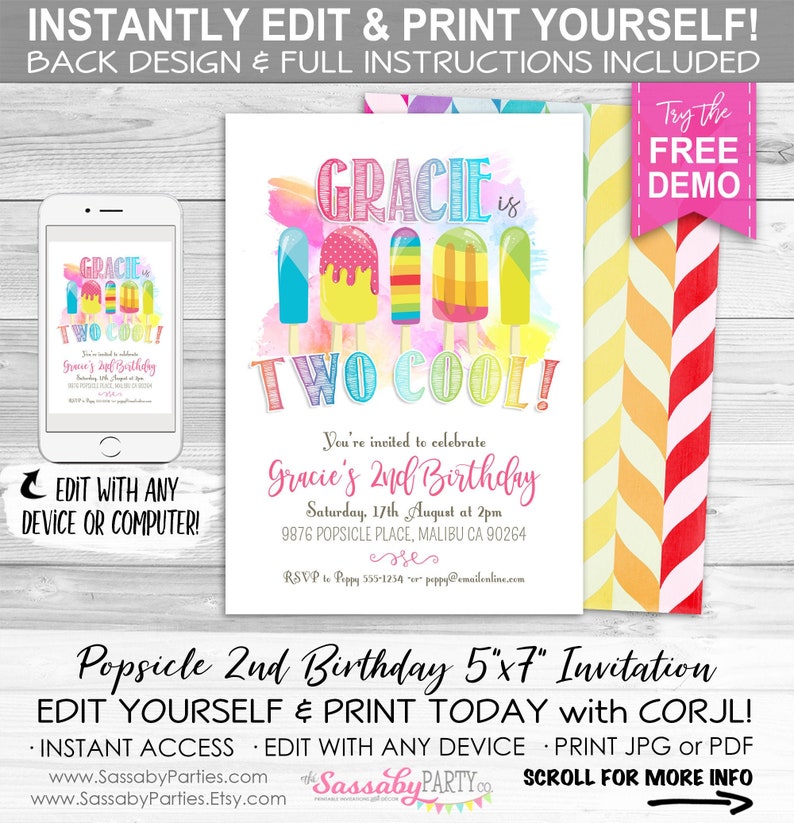 Popsicle Party Invitation, Two Cool, 2nd Birthday, Girls Invite, Summer, Ice Cream, Icy Pole, Instant Download, Printable Birthday, Pool, Swimming, Print Yourself