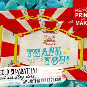 May include: Red and white striped background with a vintage-style thank you sign. The sign has a yellow frame and features a carousel with a blue and white color scheme. The text "Thank You!" is in a blue font with a white outline. The text "Sold Separately! Check out our Etsy store... SassabyParties.Etsy.com" is at the bottom of the image.