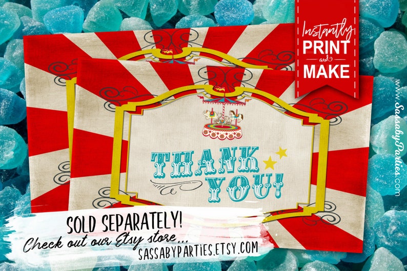 May include: Red and white striped background with a vintage-style thank you sign. The sign has a yellow frame and features a carousel with a blue and white color scheme. The text "Thank You!" is in a blue font with a white outline. The text "Sold Separately! Check out our Etsy store... SassabyParties.Etsy.com" is at the bottom of the image.